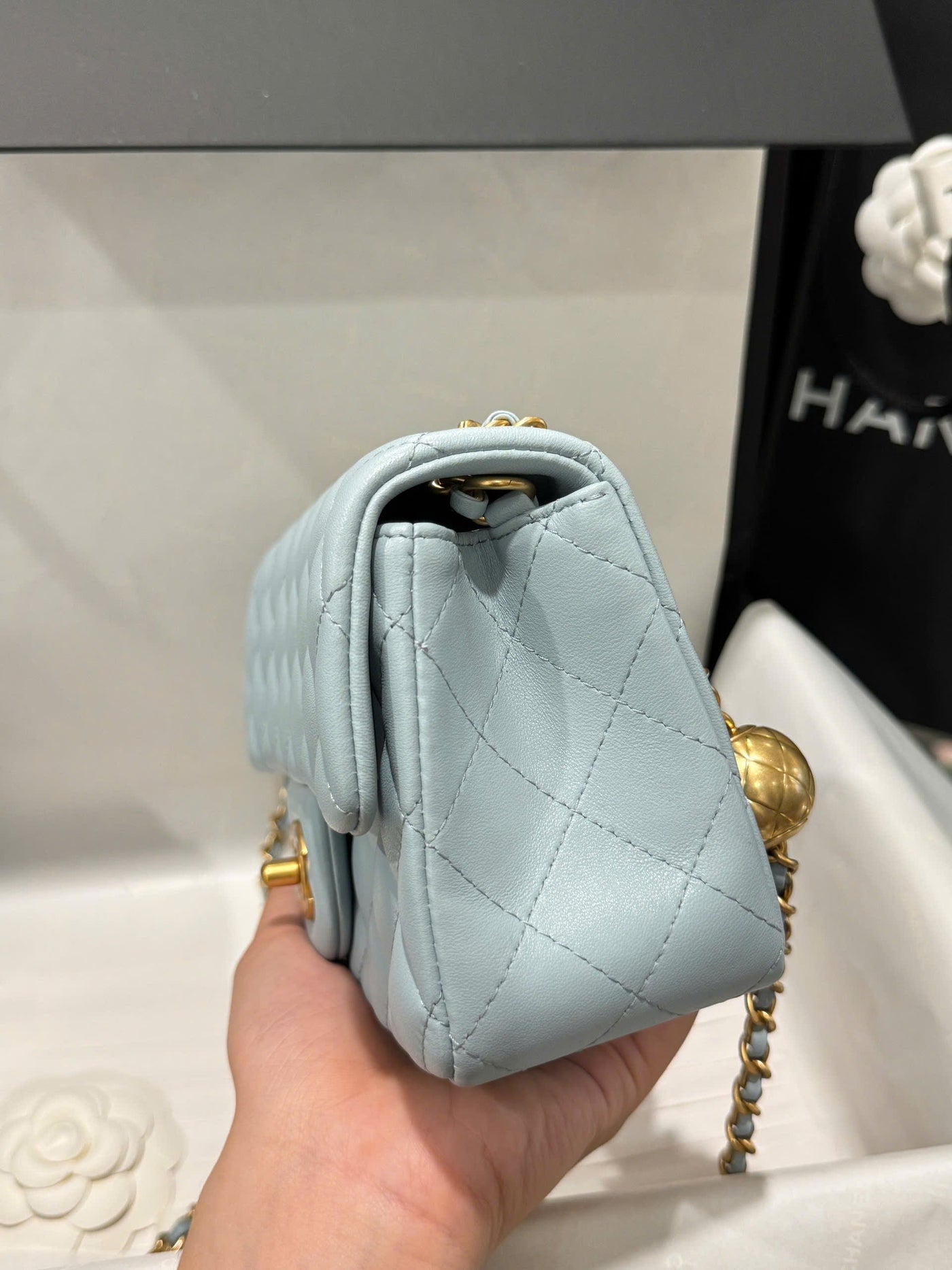Chan*l classic bell bag handbag sheepskin blue like auth lock gold 20cm - image 3