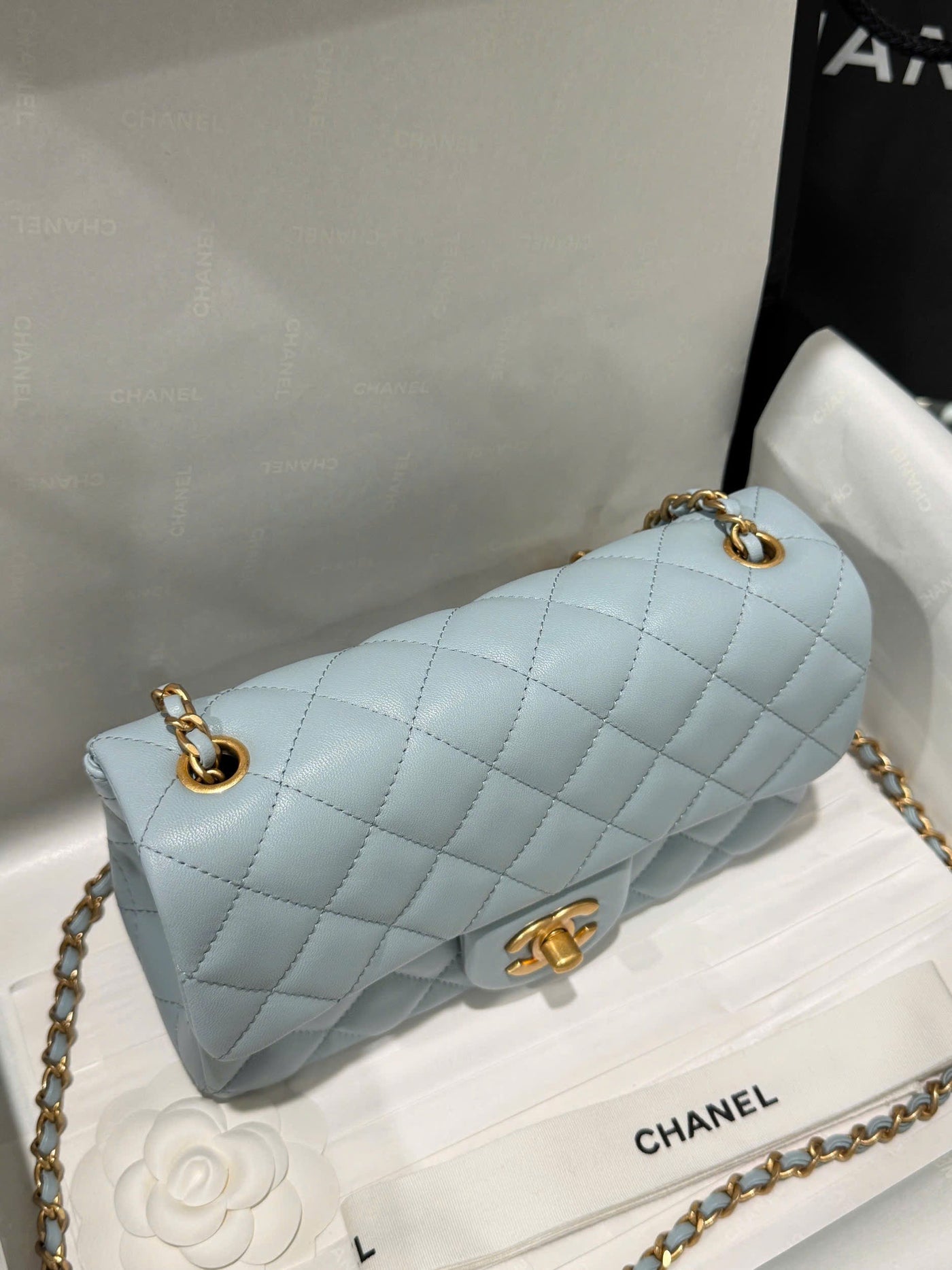 Chan*l classic bell bag handbag sheepskin blue like auth lock gold 20cm - image 4
