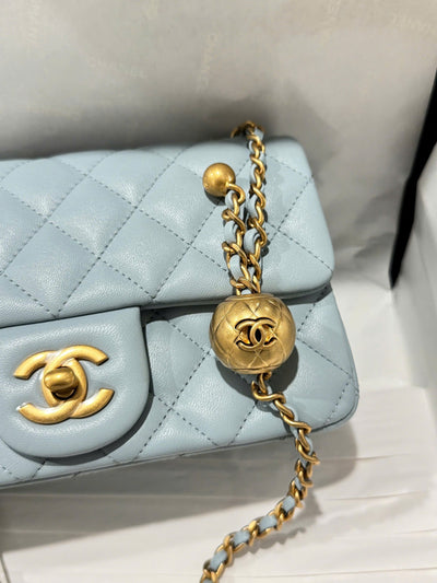 Chan*l classic bell bag handbag sheepskin blue like auth lock gold 20cm - image 5