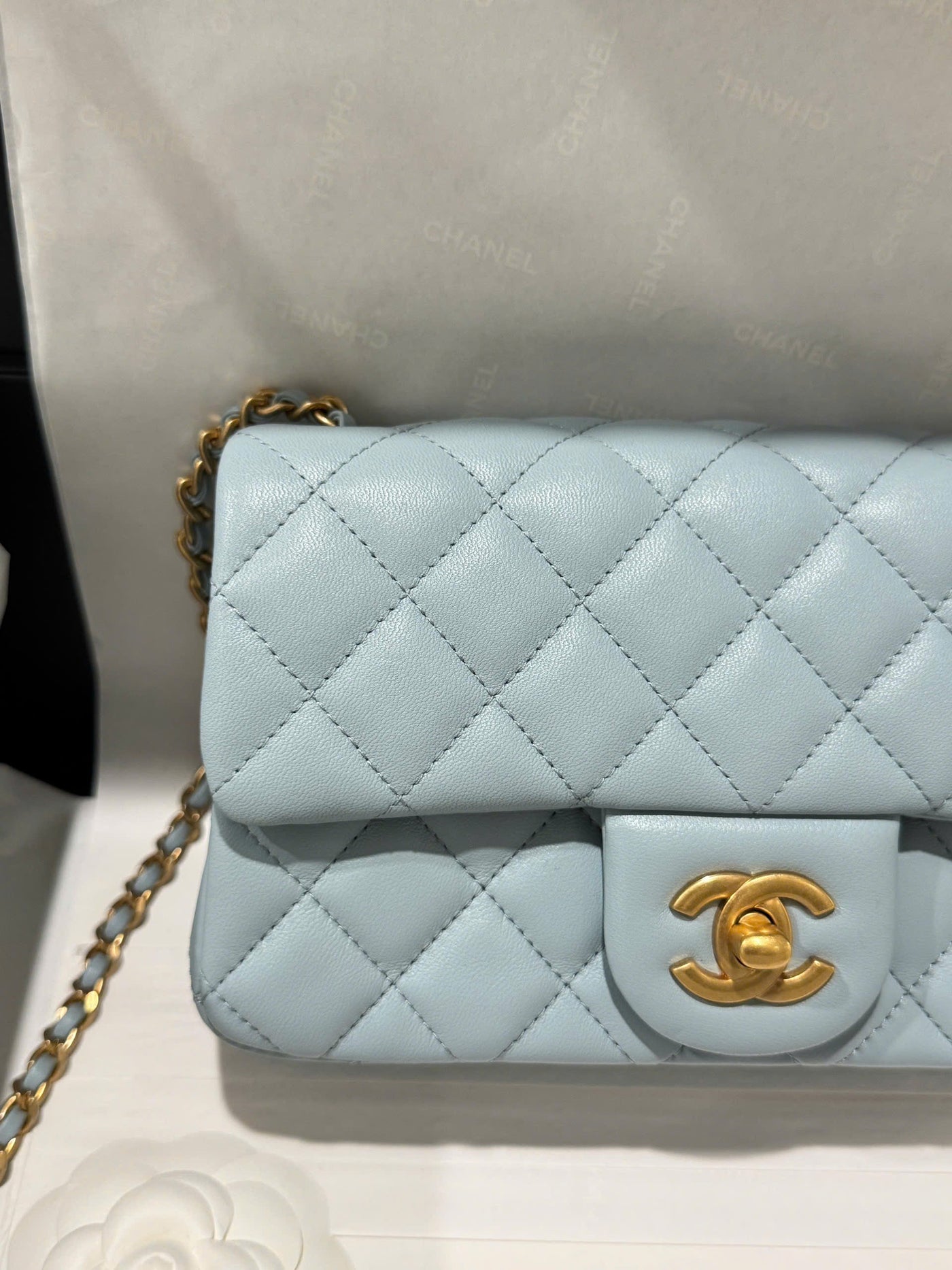 Chan*l classic bell bag handbag sheepskin blue like auth lock gold 20cm - image 6