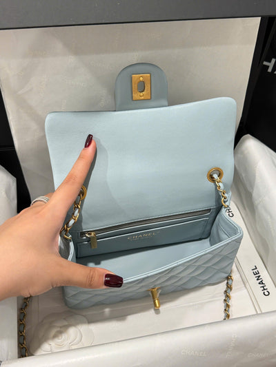 Chan*l classic bell bag handbag sheepskin blue like auth lock gold 20cm - image 7