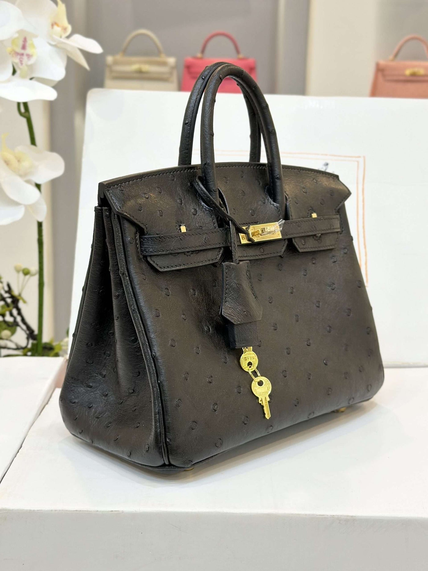 Herm*s birkin ostrich leather handbags black lock gold 25cm - image 4