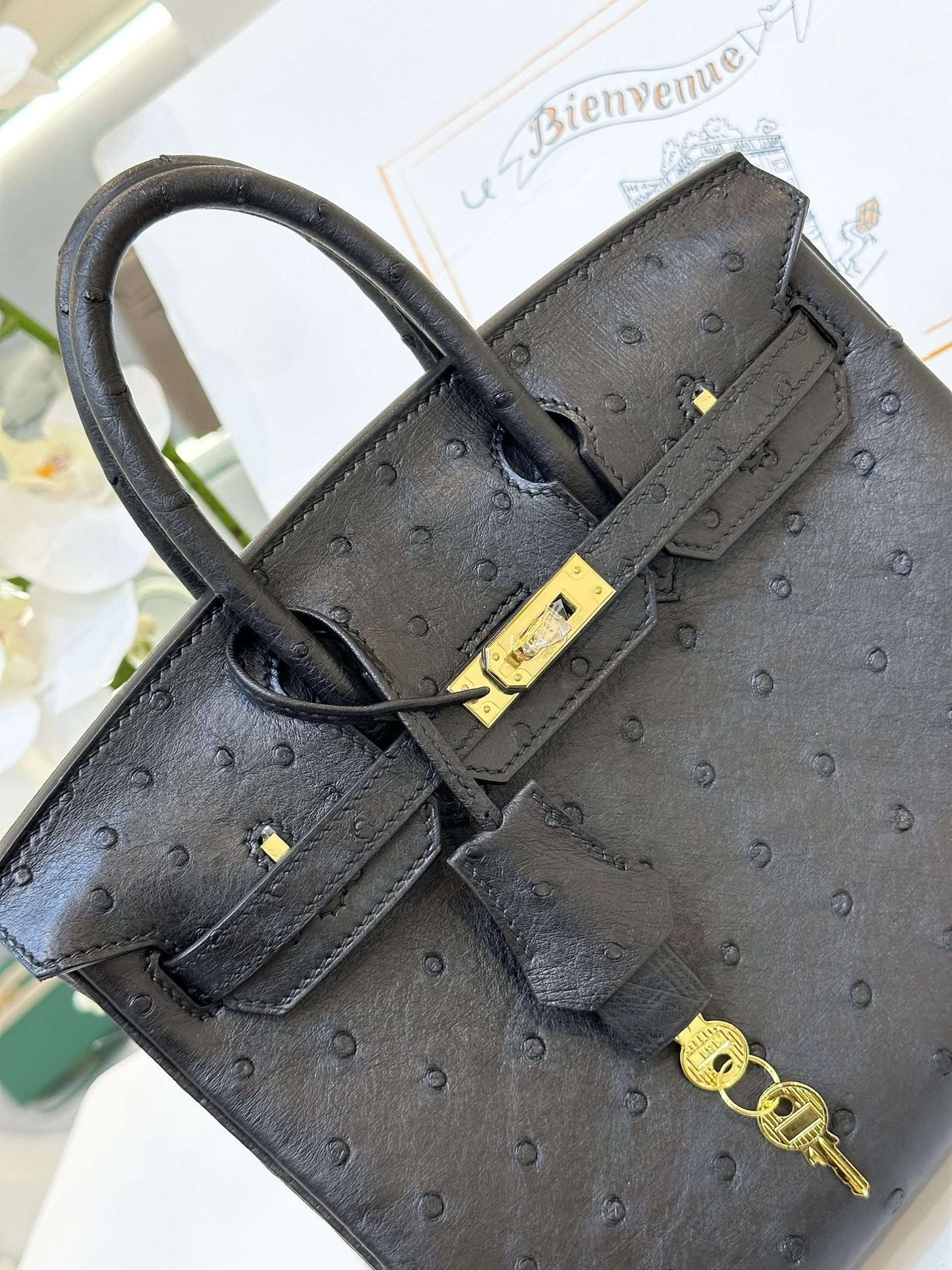 Herm*s birkin ostrich leather handbags black lock gold 25cm - image 6