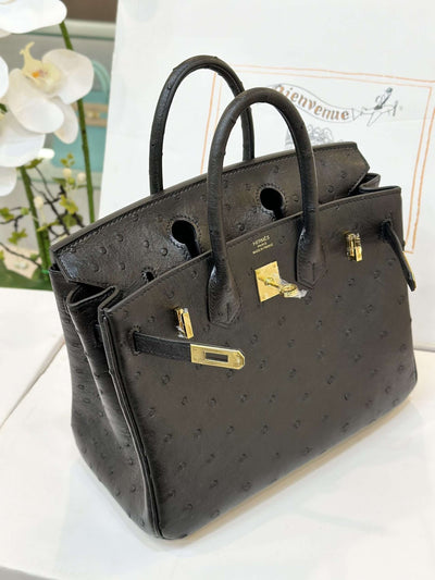 Herm*s birkin ostrich leather handbags black lock gold 25cm - image 7