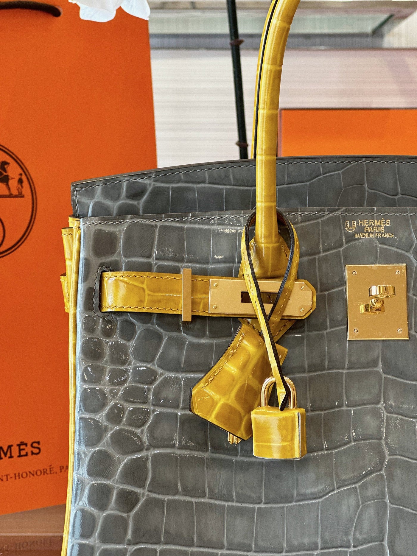 Herm*s birkin crocodile mix grey with handle yellow handbags 30cm - image 2