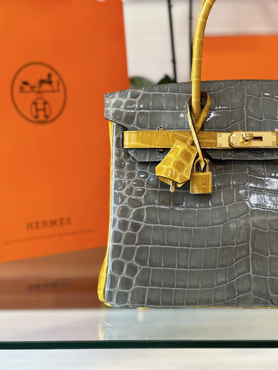Herm*s birkin crocodile mix grey with handle yellow handbags 30cm - image 3
