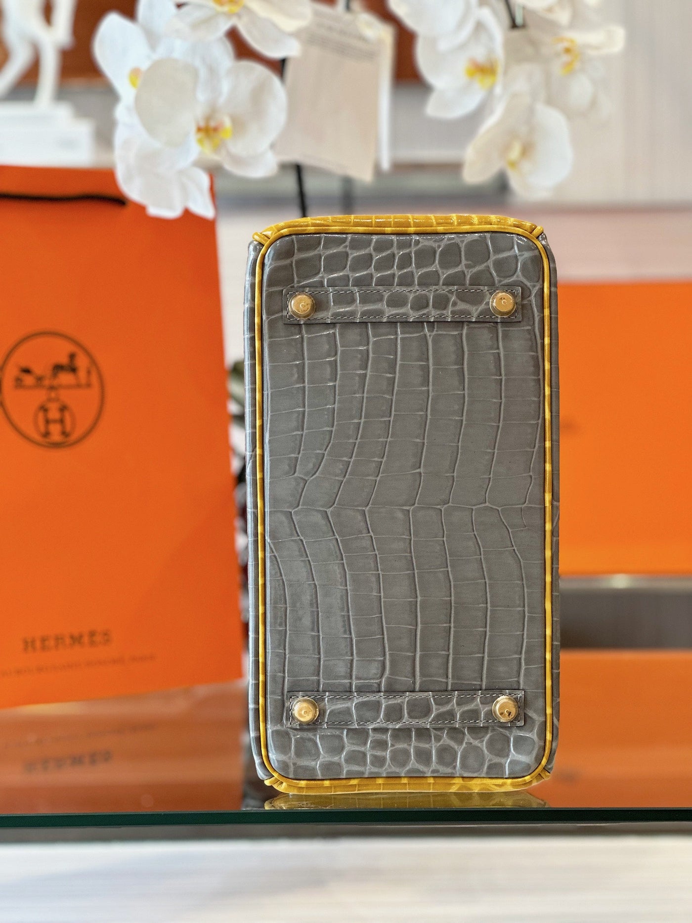 Herm*s birkin crocodile mix grey with handle yellow handbags 30cm - image 4