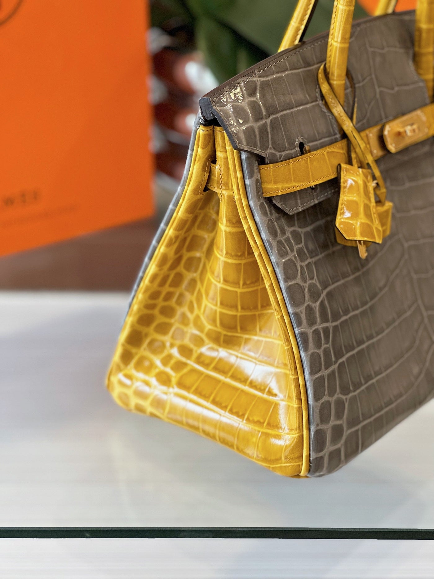 Herm*s birkin crocodile mix grey with handle yellow handbags 30cm - image 5