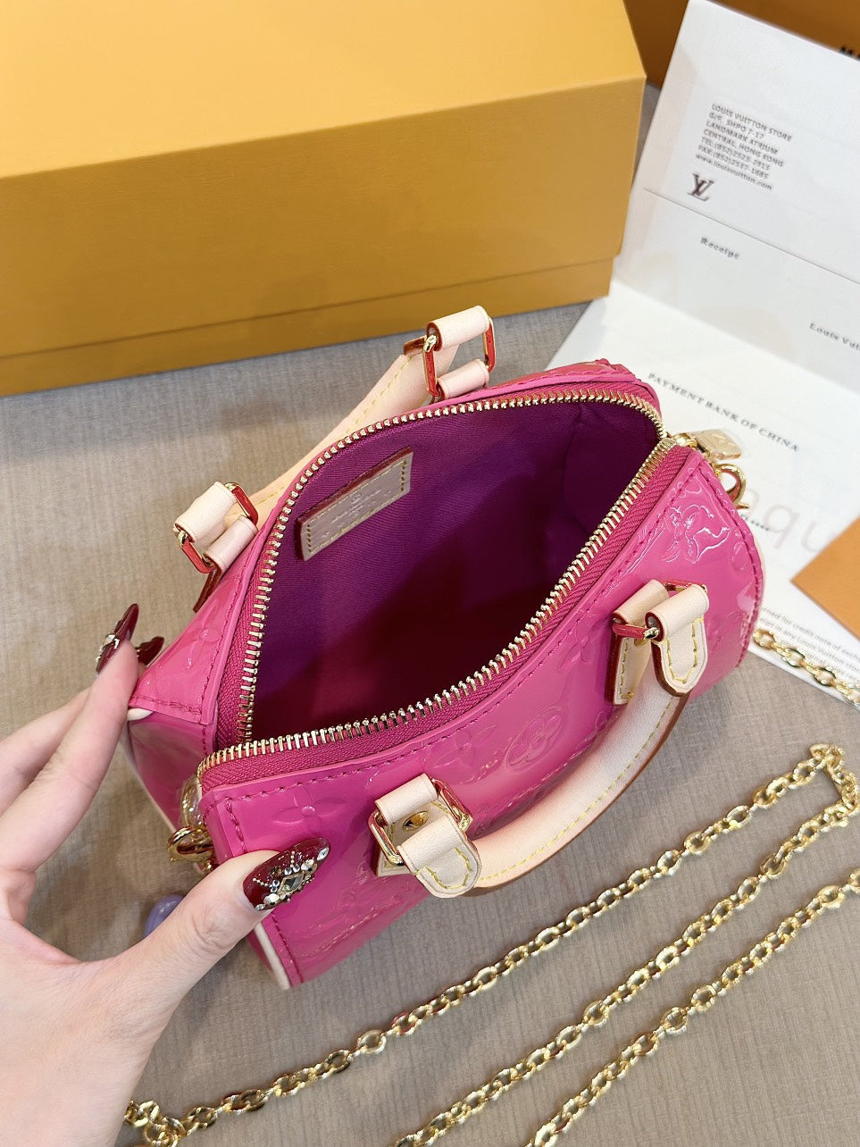 Lou*s Vuitt*n lv nano speedy pink shiny leather handbags 16x10x7,5cm - image 5
