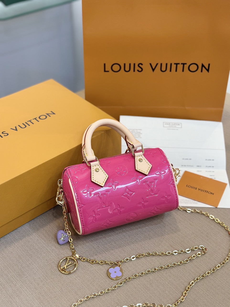 Lou*s Vuitt*n lv nano speedy pink shiny leather handbags 16x10x7,5cm - image 6