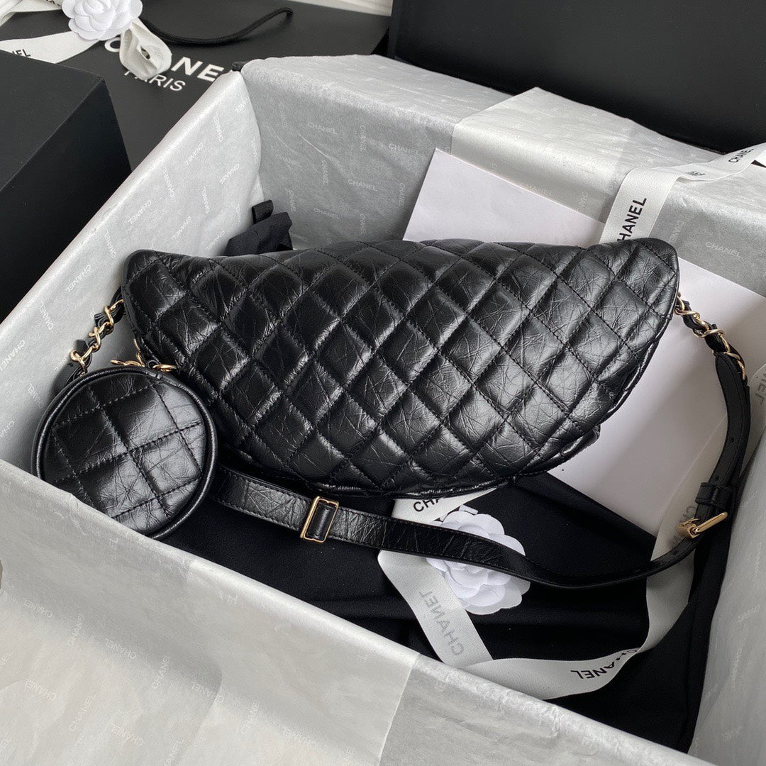 Chan*l bumbag black wrinkled leather lock gold handbags 34x15x6cm - image 5
