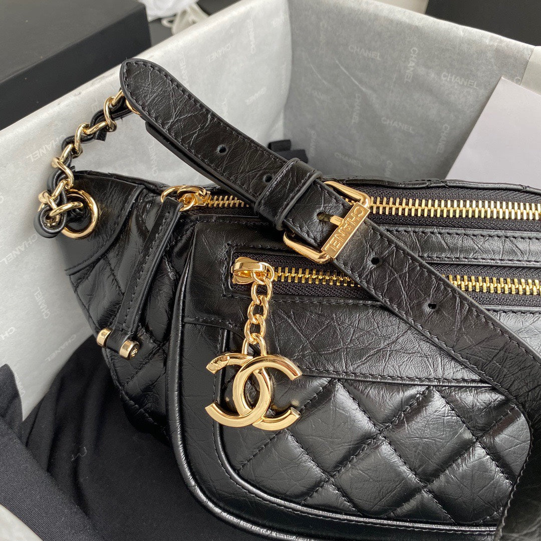 Chan*l bumbag black wrinkled leather lock gold handbags 34x15x6cm - image 7