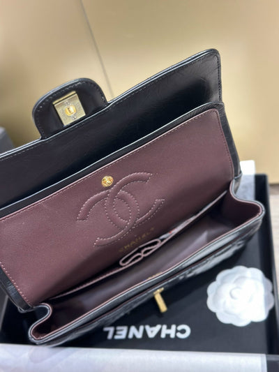 Chan*l classic lock gold with black wrinkled skin like auth handbags 25cm - image 6