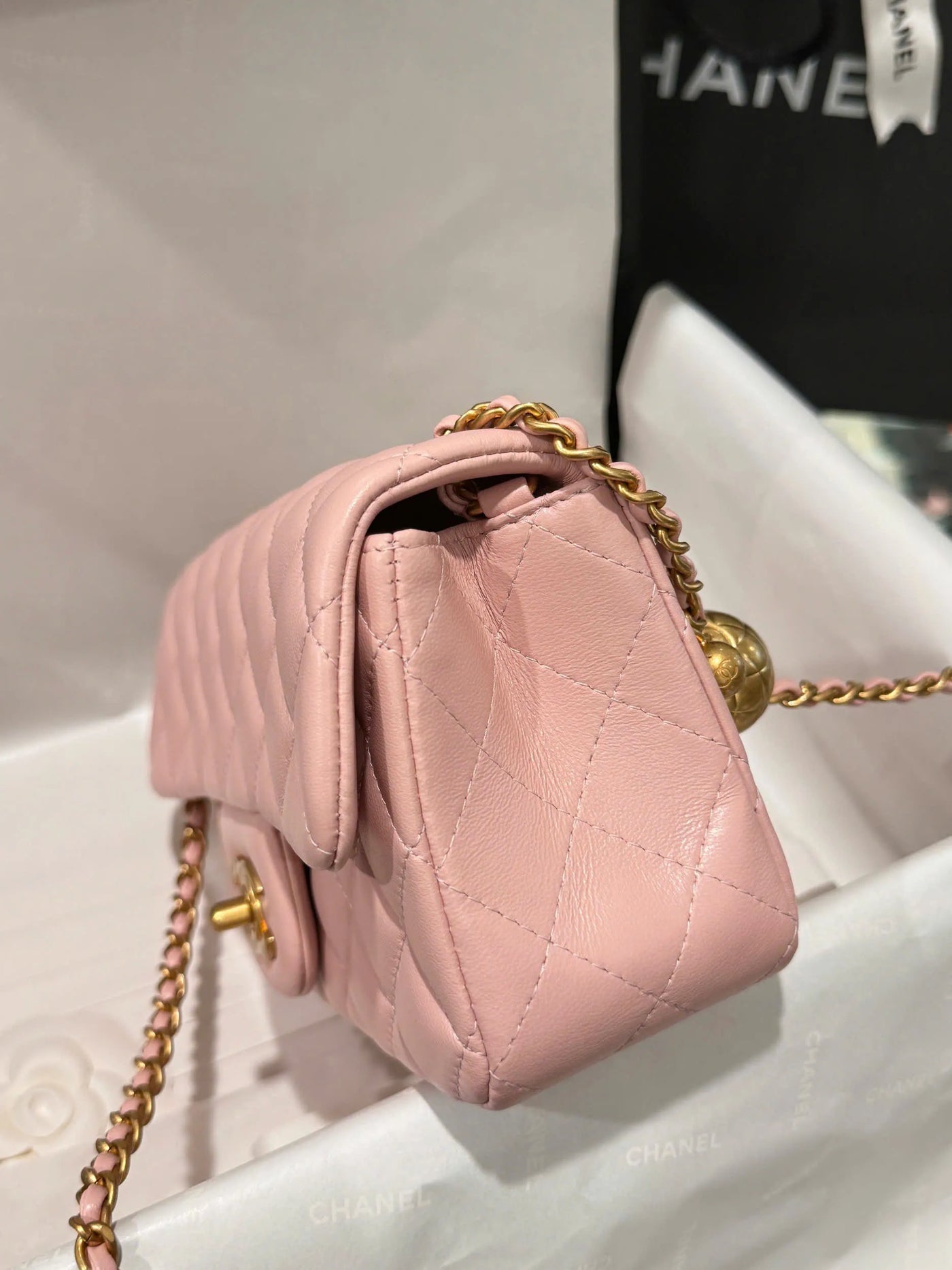 Chan*l classic bell bag handbags woman’s like auth pink sheepskin 20cm - image 3