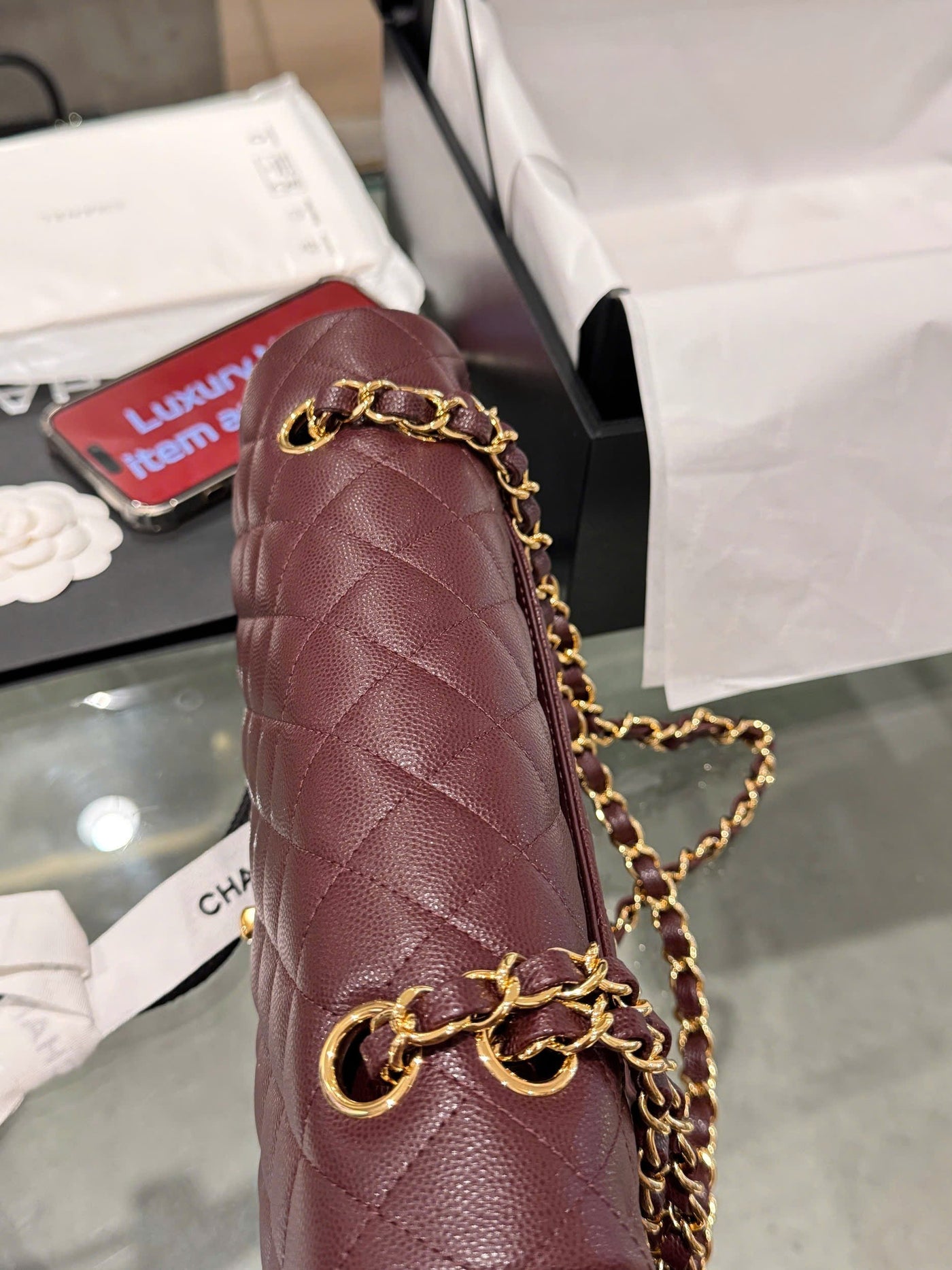 Chan*l classic plum red color like auth handbags with lock gold 25cm - image 5