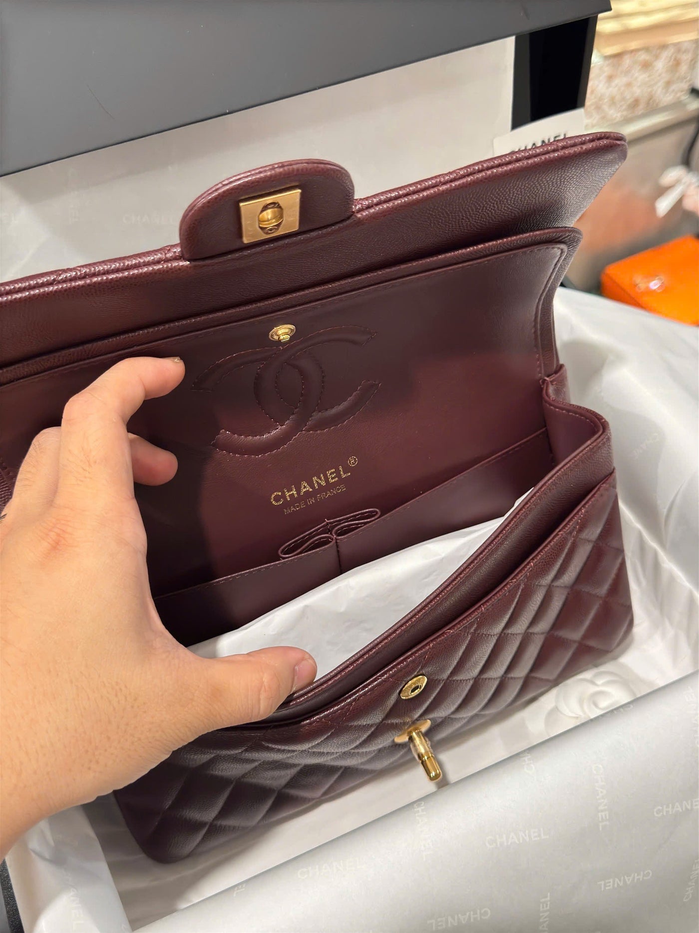 Chan*l classic plum red color like auth handbags with lock gold 25cm - image 9