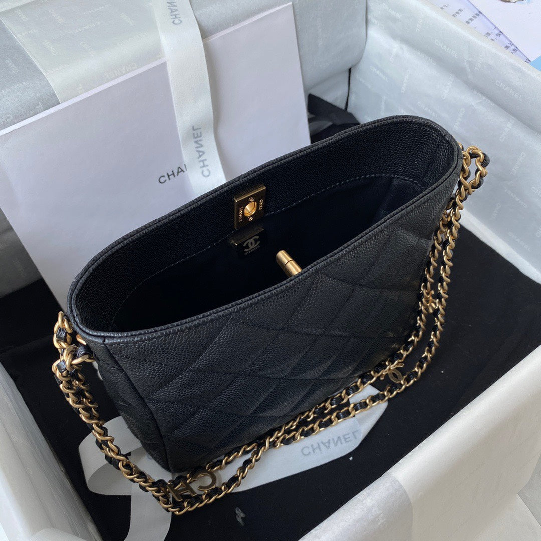 Chan*l hobo like auth handbags pebbled leather with lock gold 19x16cm - image 4