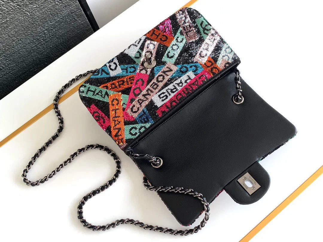 Chan*l mini pastel rainbow sequin like auth handbag 20x14x7cm - image 4