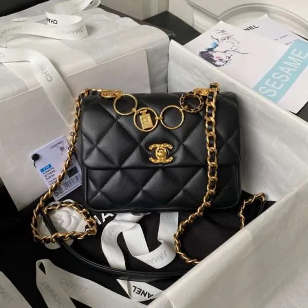 Chan*l like auth smooth black leather handbags demi lock black gold 13x17x6cm - main image
