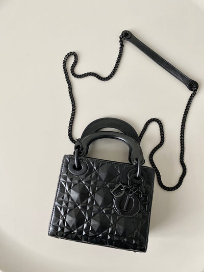 Di*r lady matte like auth women’s handbag black diamond pattern 17cm - image 5
