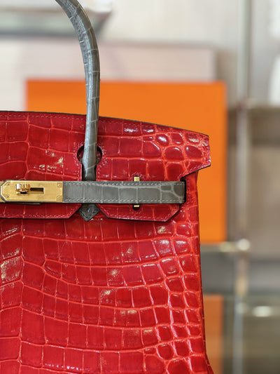 Herm*s birkin crocodile mix red with grey like auth handbags lock gold 30cm - image 3