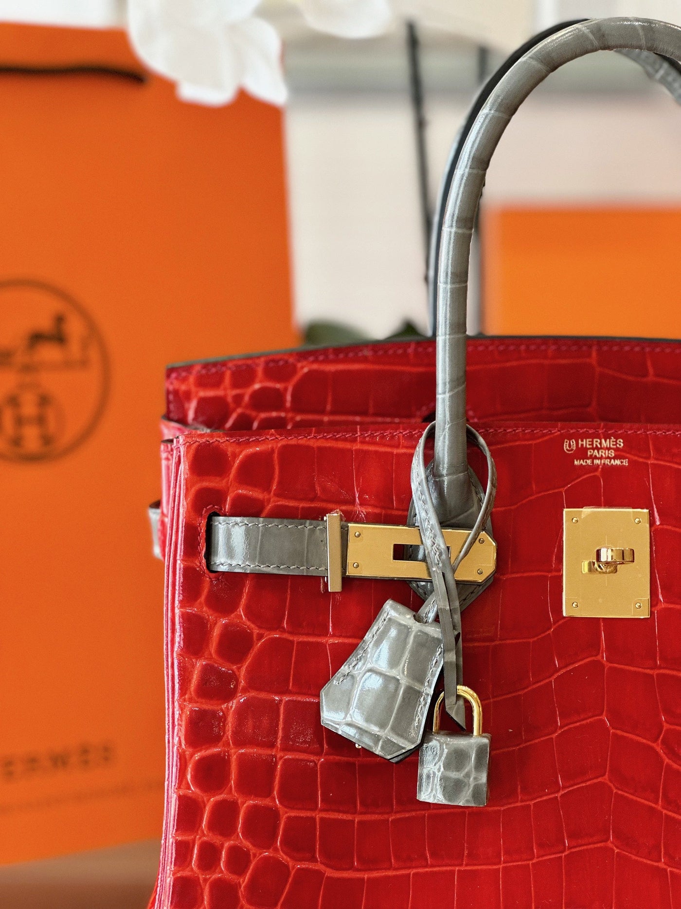 Herm*s birkin crocodile mix red with grey like auth handbags lock gold 30cm - image 4