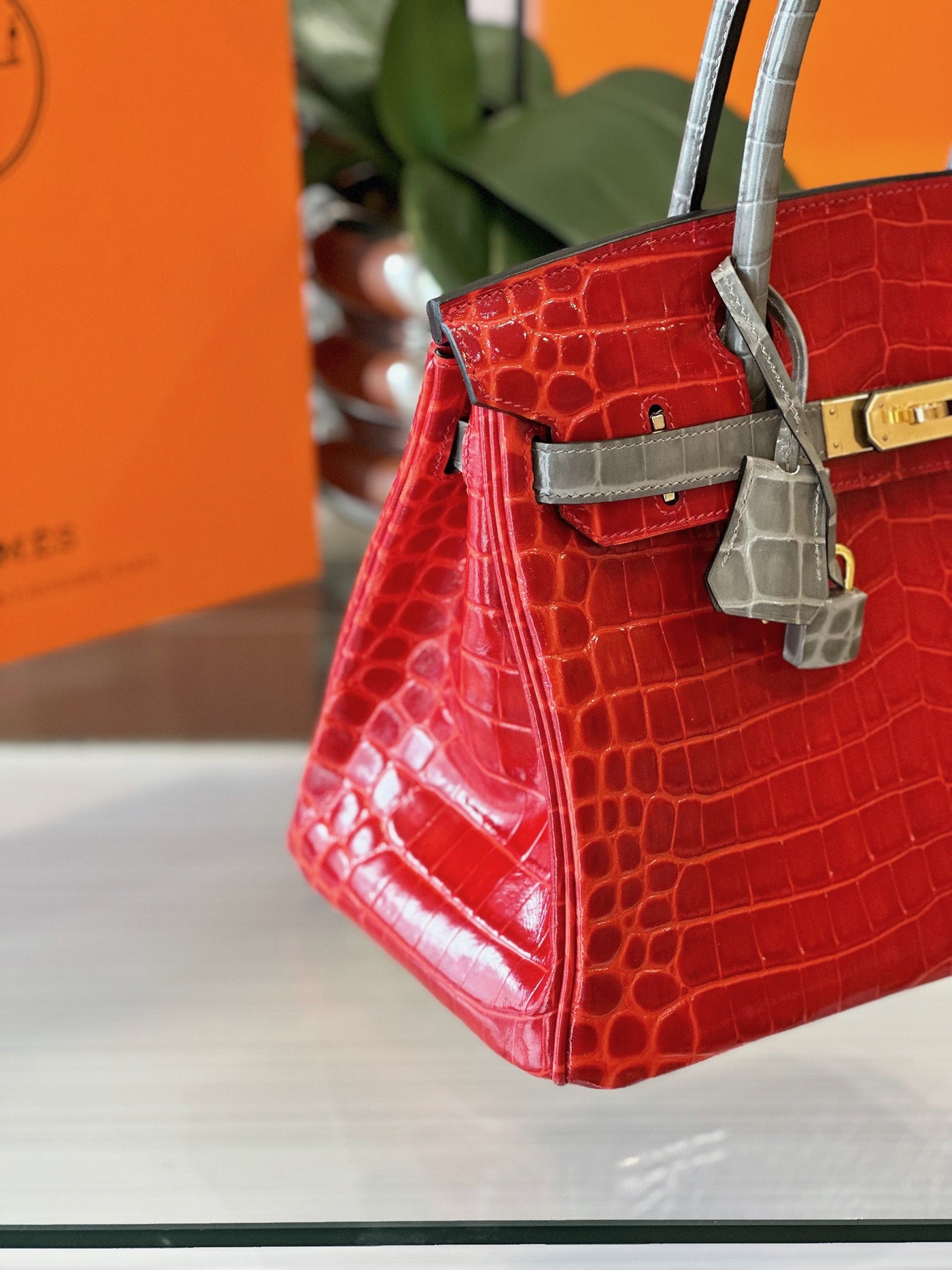 Herm*s birkin crocodile mix red with grey like auth handbags lock gold 30cm - image 5