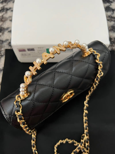 Chan*l woc black handbags pearl handle plated lock gold 19cm - image 2