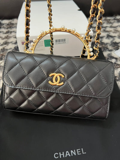 Chan*l woc black handbags pearl handle plated lock gold 19cm - image 5