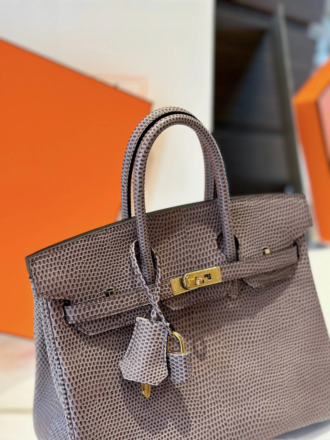 Herm*s birkin 25 tris fonce lizard like auth handbags with lock silver 25cm - image 2