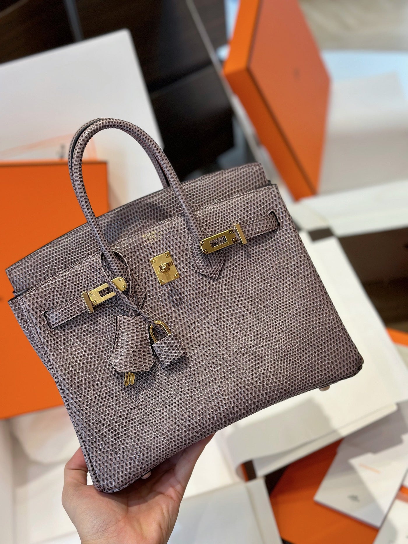 Herm*s birkin 25 tris fonce lizard like auth handbags with lock silver 25cm - image 3