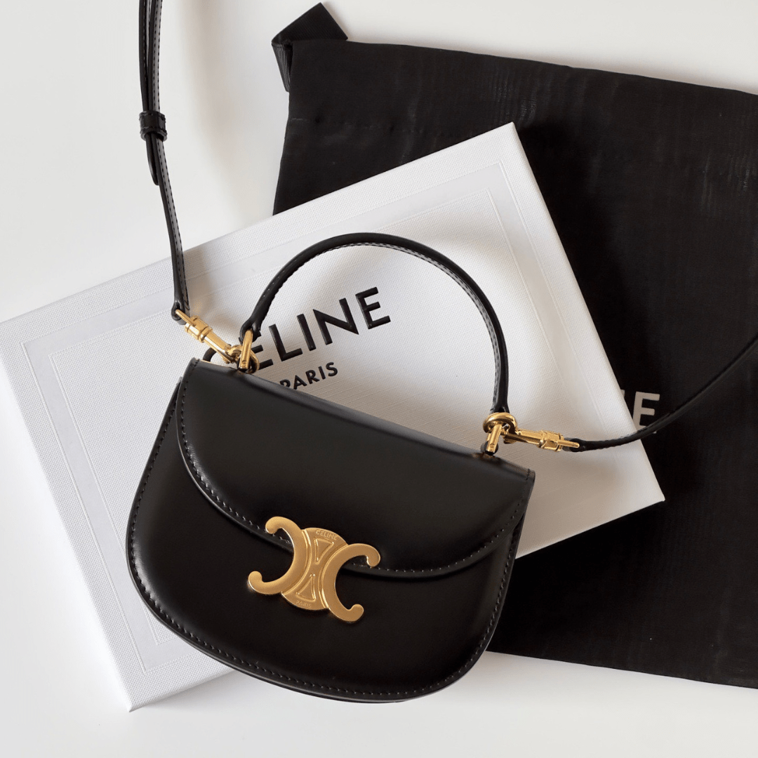 Cel*ne mini crossbody black leather strap gold lock 15.5x11cm - main image