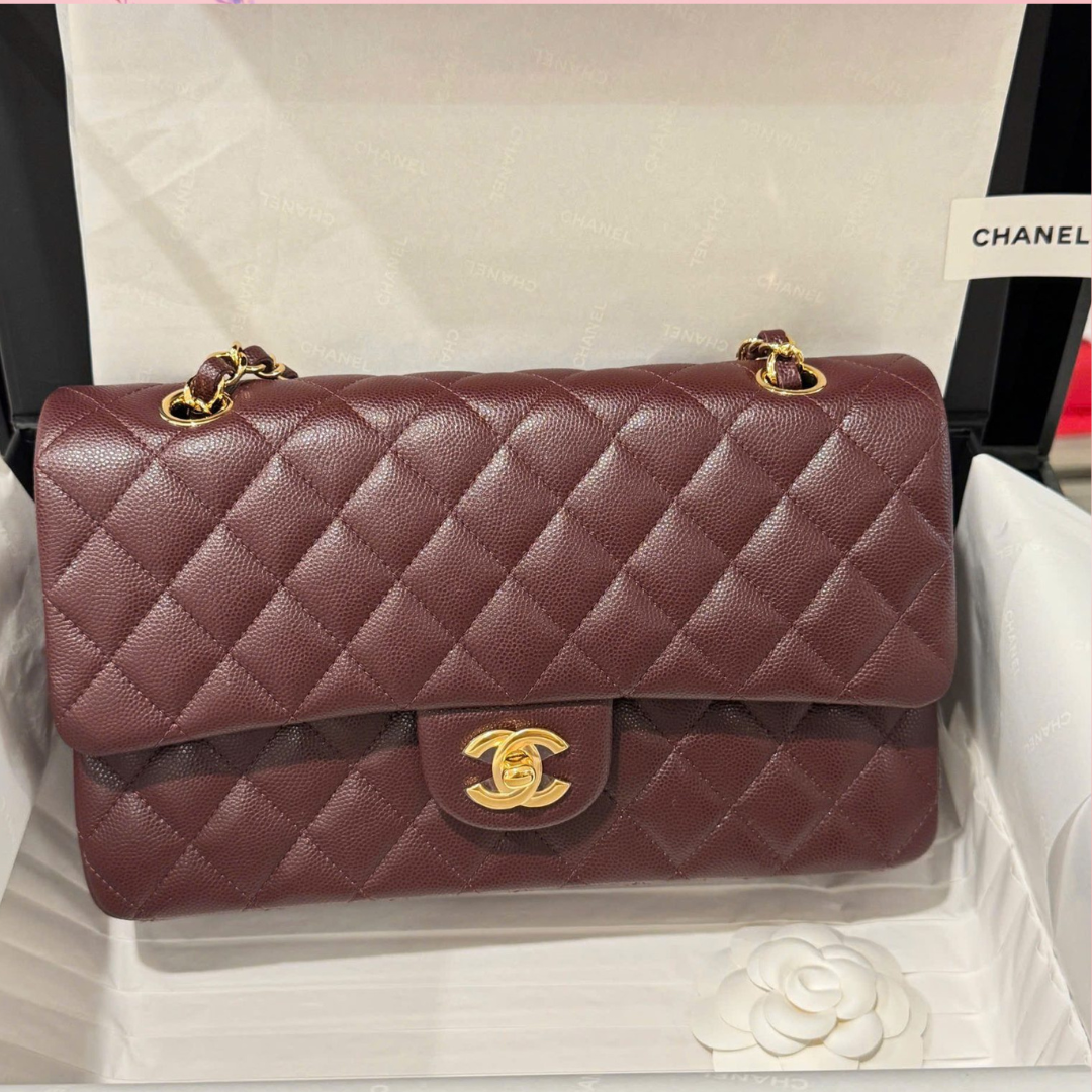 Chan*l classic plum red color like auth handbags with lock gold 25cm - main image