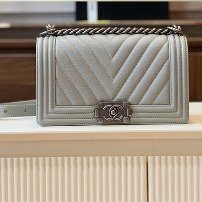 Chan*l boy medium handbags grey leather with silver lock 25cm - main image