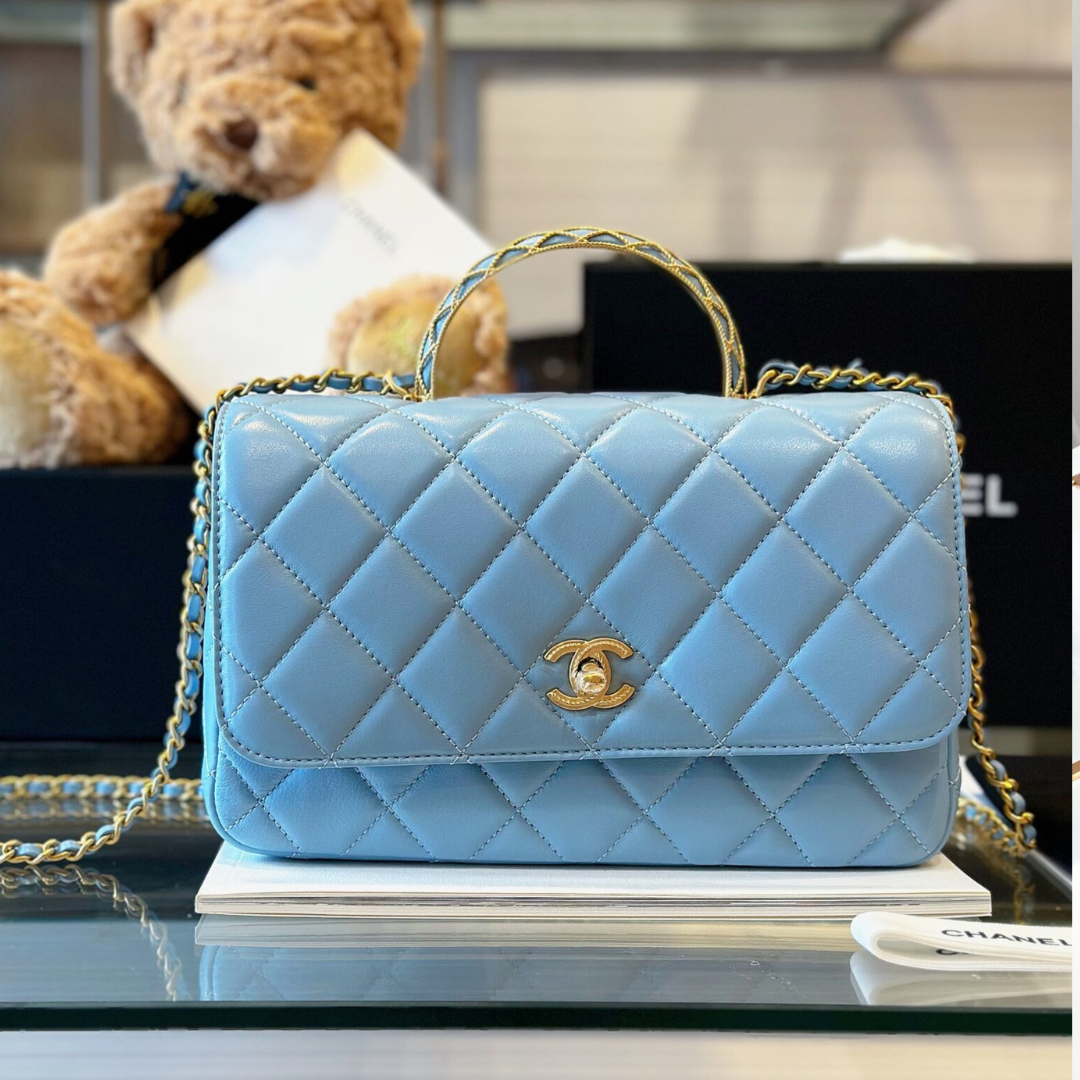Chan*l coco mini handbag like auth blue smooth leather with lock gold 22x21cm - main image