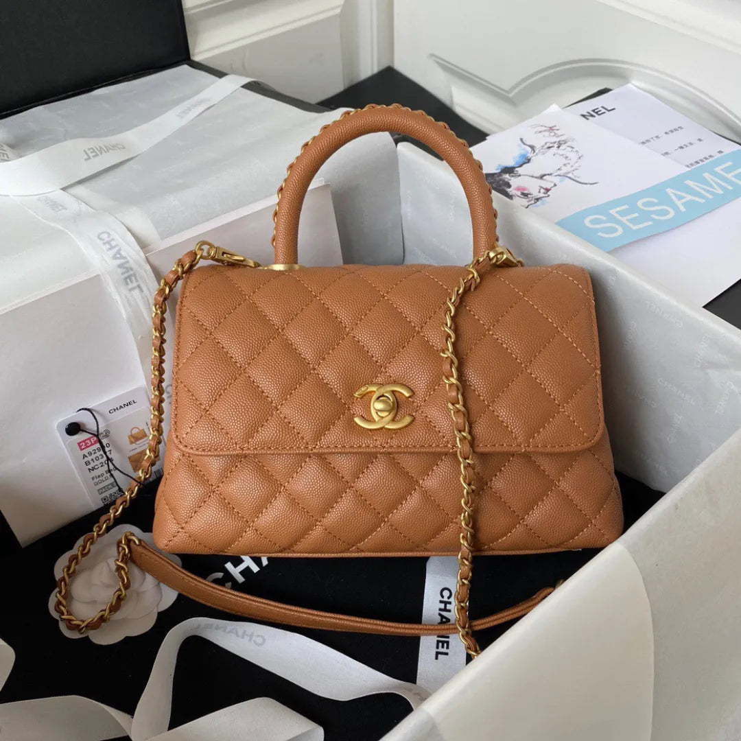 Chan*l coco brown leather with lock gold handbags 24cm - main image