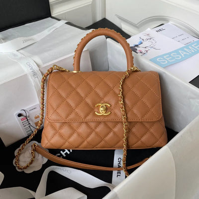 Chan*l coco brown leather with lock gold handbags 24cm - main image