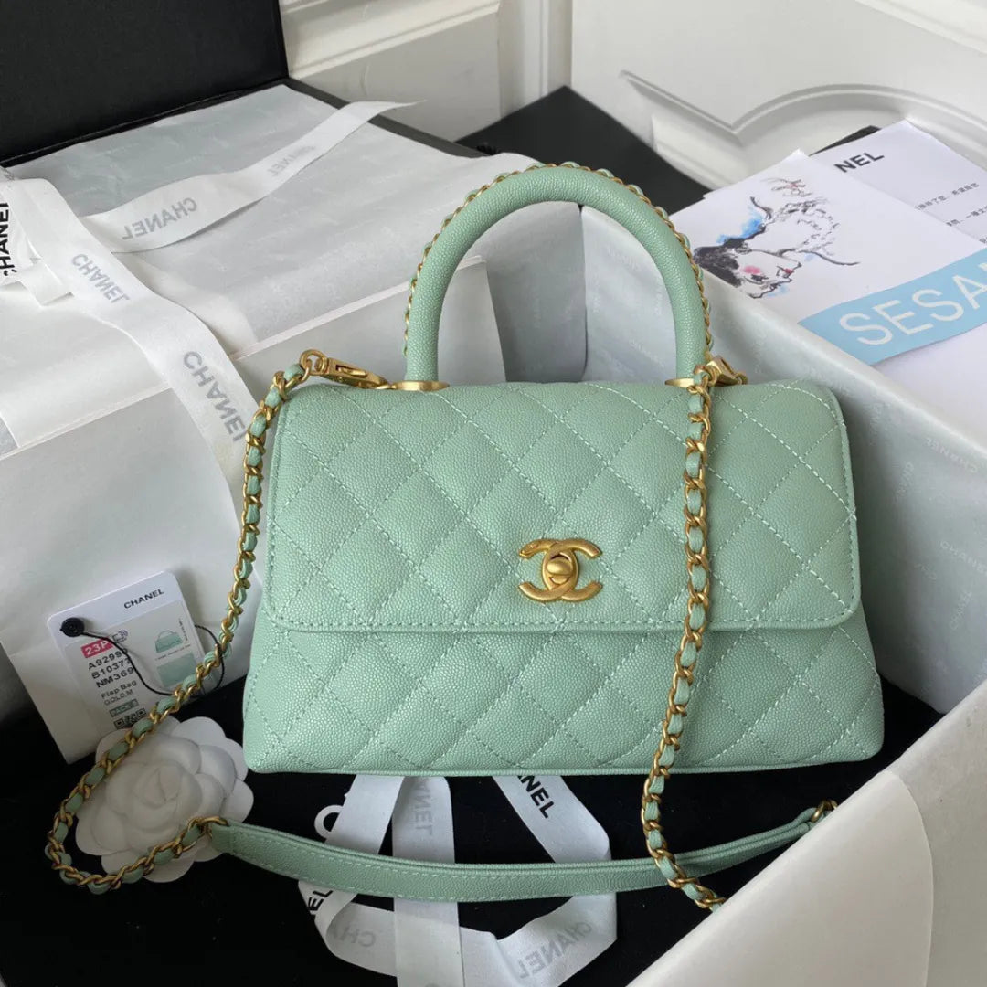 Chan*l coco pastel blue handbags with lock gold 24cm - main image
