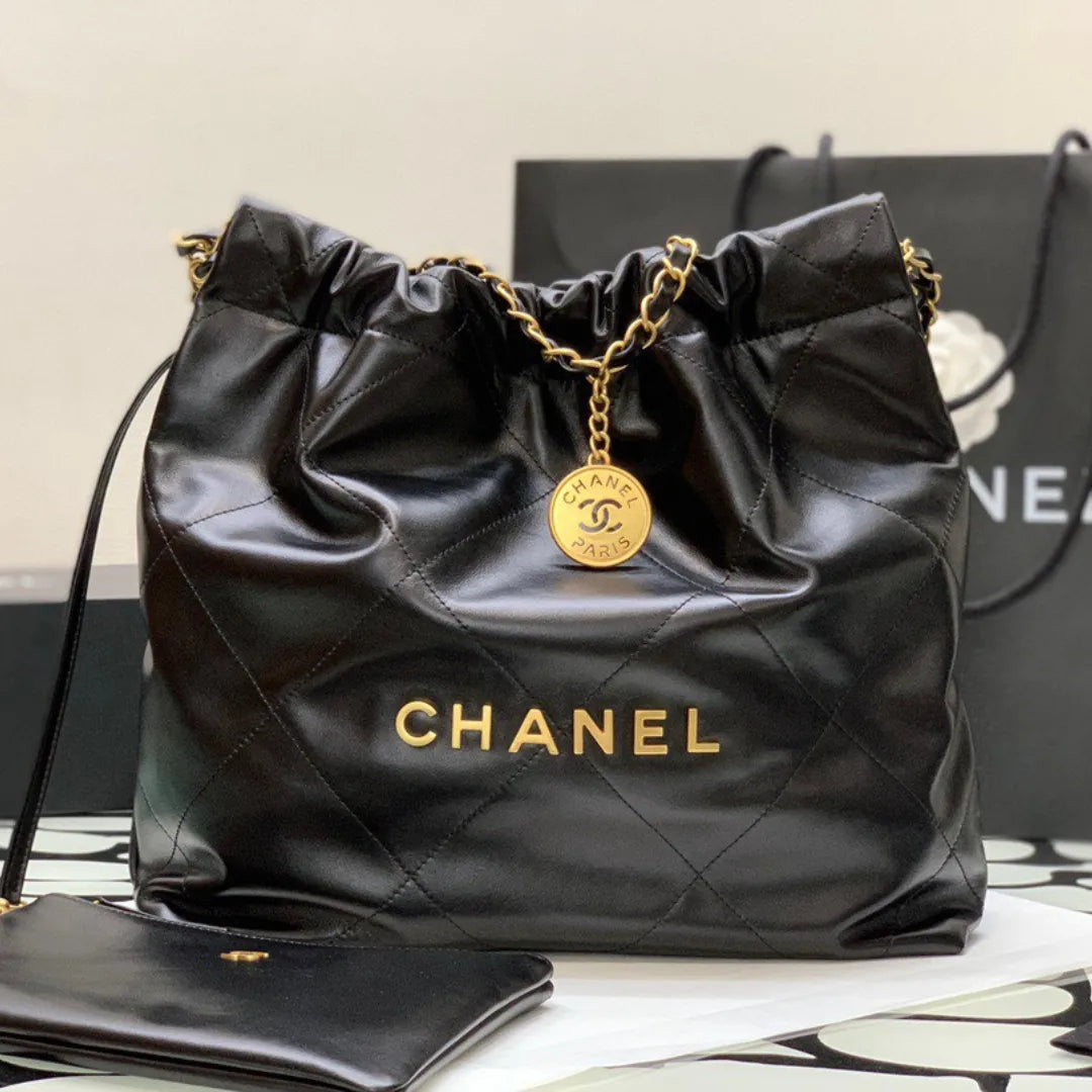 Chan*l 22 shiny calfskin shopping handbags black with wallet 22cm - main image
