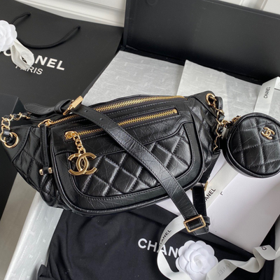 Chan*l bumbag black wrinkled leather lock gold handbags 34x15x6cm - main image