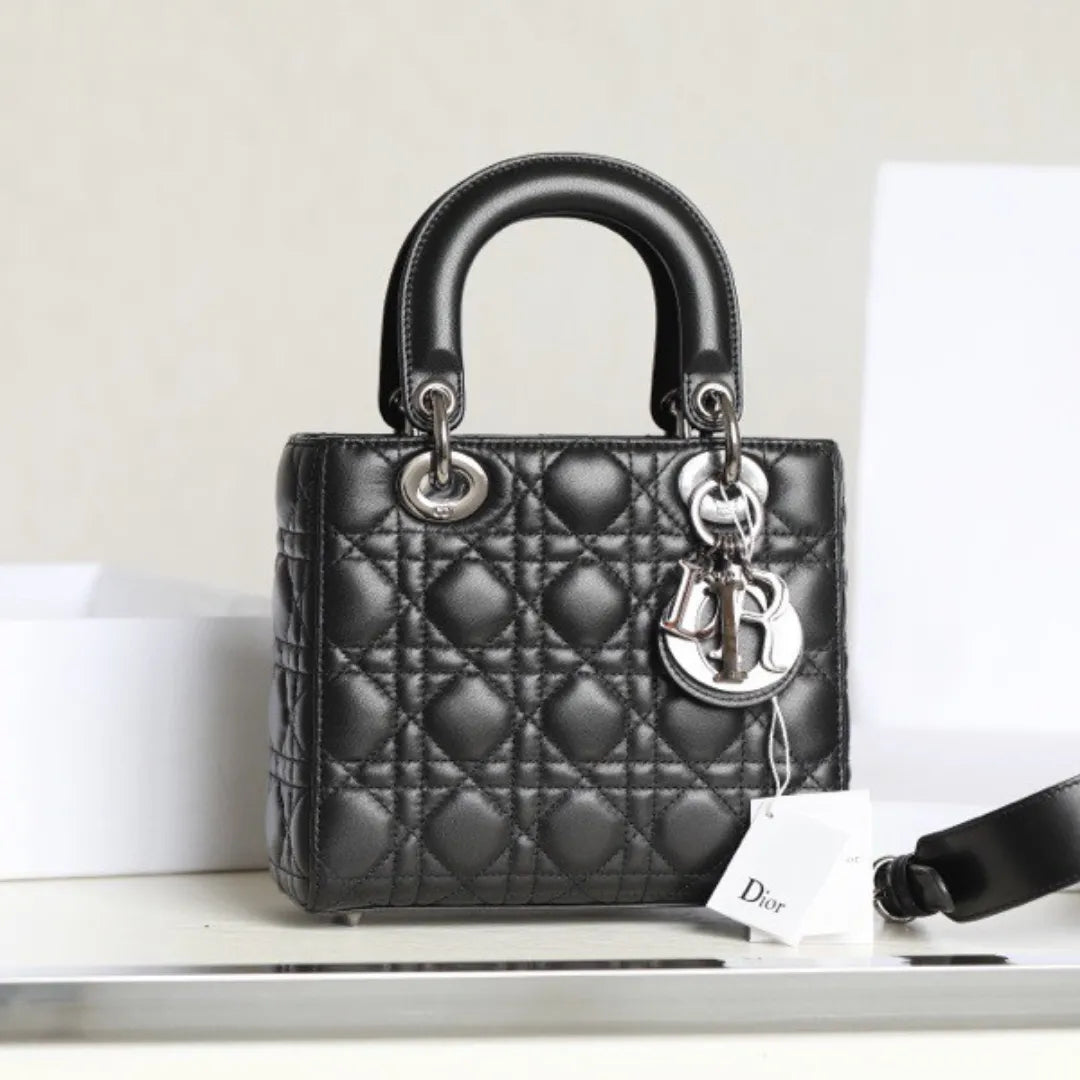 Di*r my lady like auth women’s handbag black silver lock 20x16cm - main image