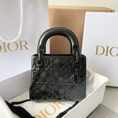 Di*r lady matte like auth women’s handbag black diamond pattern 17cm - main image