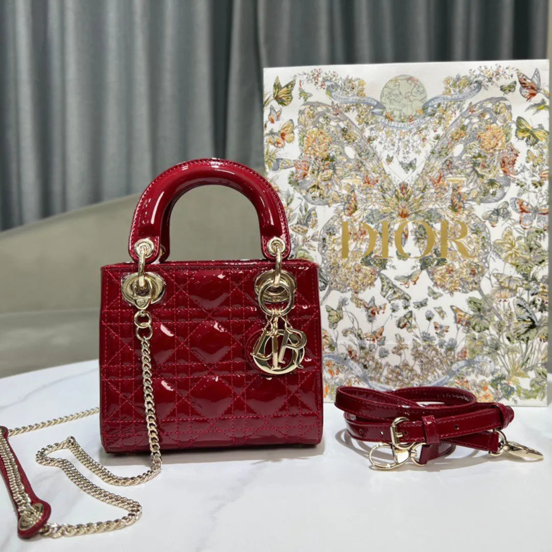 Di*r lady mini super quality women’s handbag, glossy red, 17cm - main image