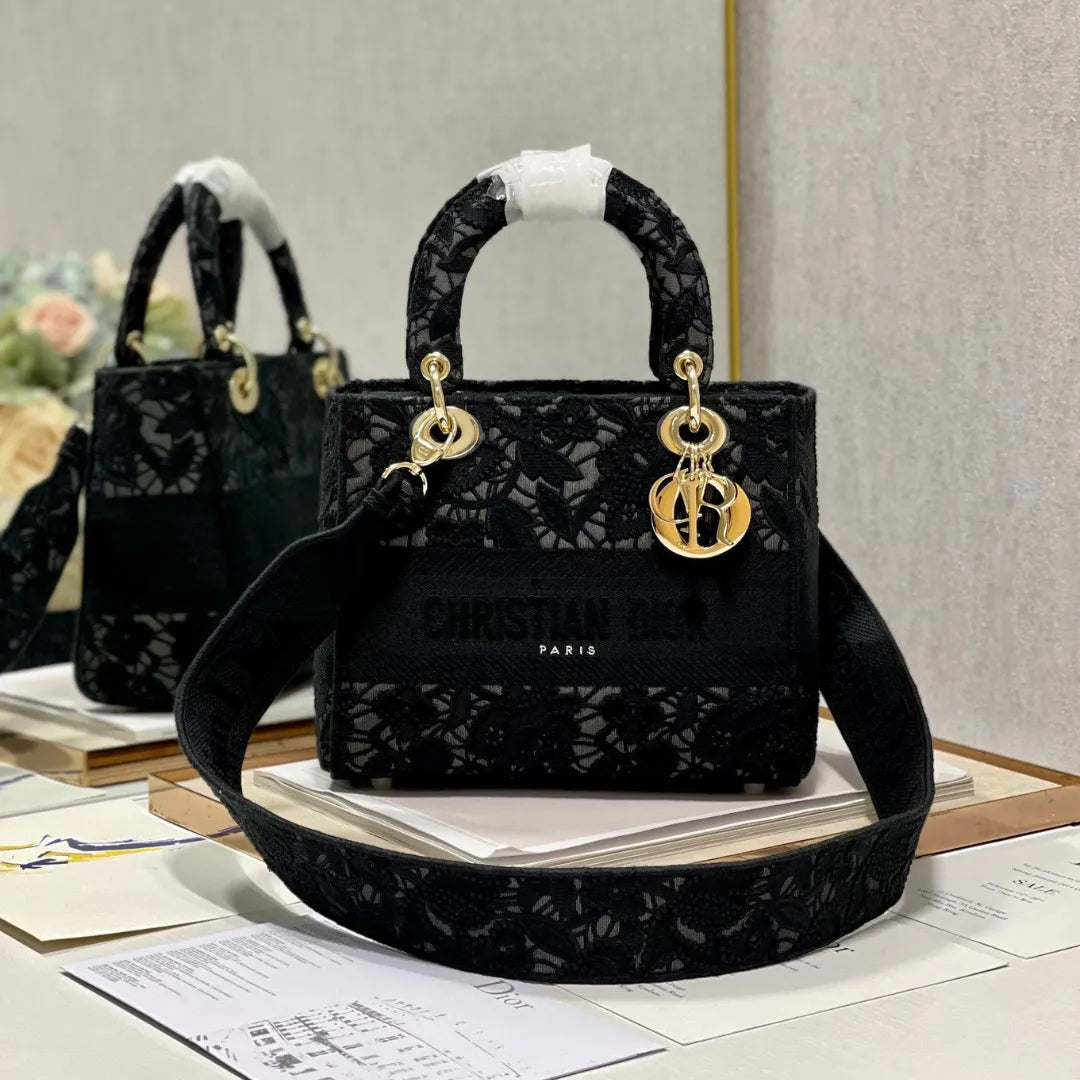 túi xách Di*r lady họa tiết ren hoa nữ màu đen rep 11 cao cấp 24cm - main image