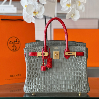 Herm*s birkin crocodile mix grey with red handle handbags woman’s 30cm - main image