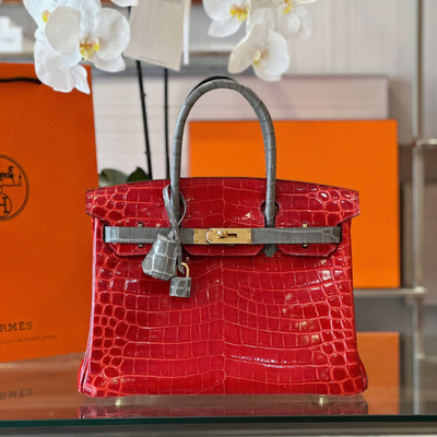 Herm*s birkin crocodile mix red with grey like auth handbags lock gold 30cm - main image