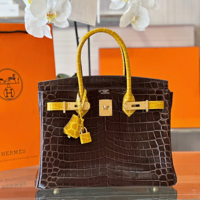 Herm*s birkin crocodile replica 1:1 handbags woman’s brown with handle yellow 30cm - main image