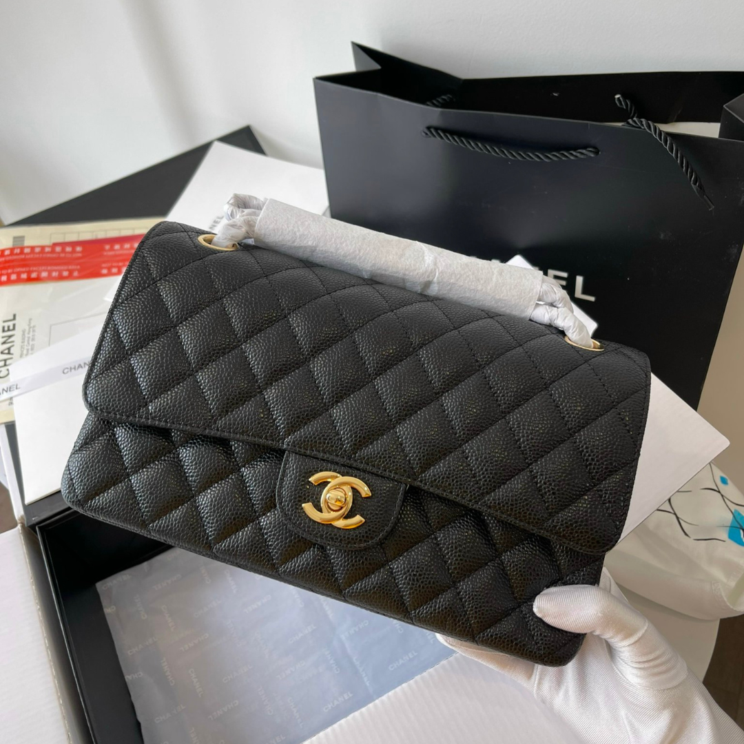 Chan*l medium classic like auth handbags cowhide black lock gold 25.5cm - main image
