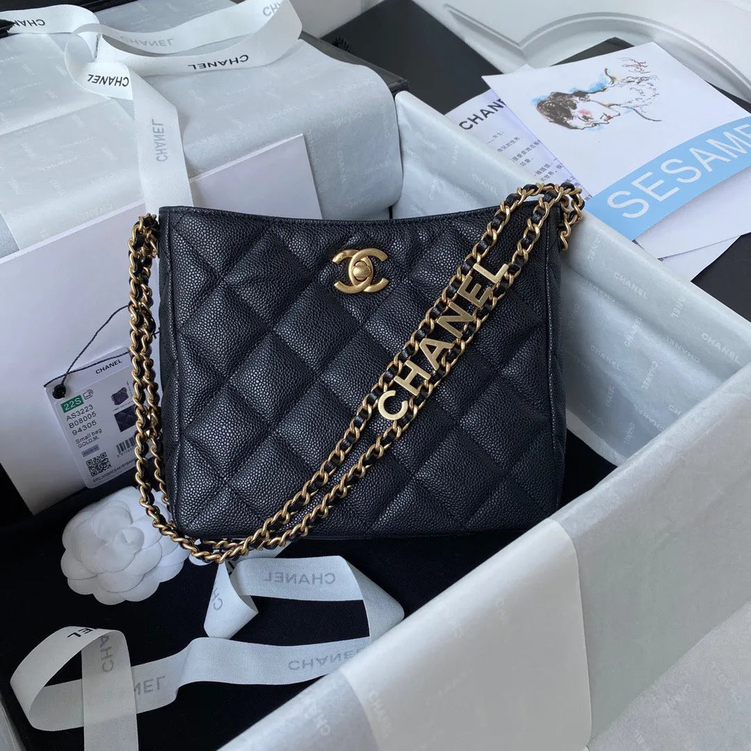 Chan*l hobo like auth handbags pebbled leather with lock gold 19x16cm - main image