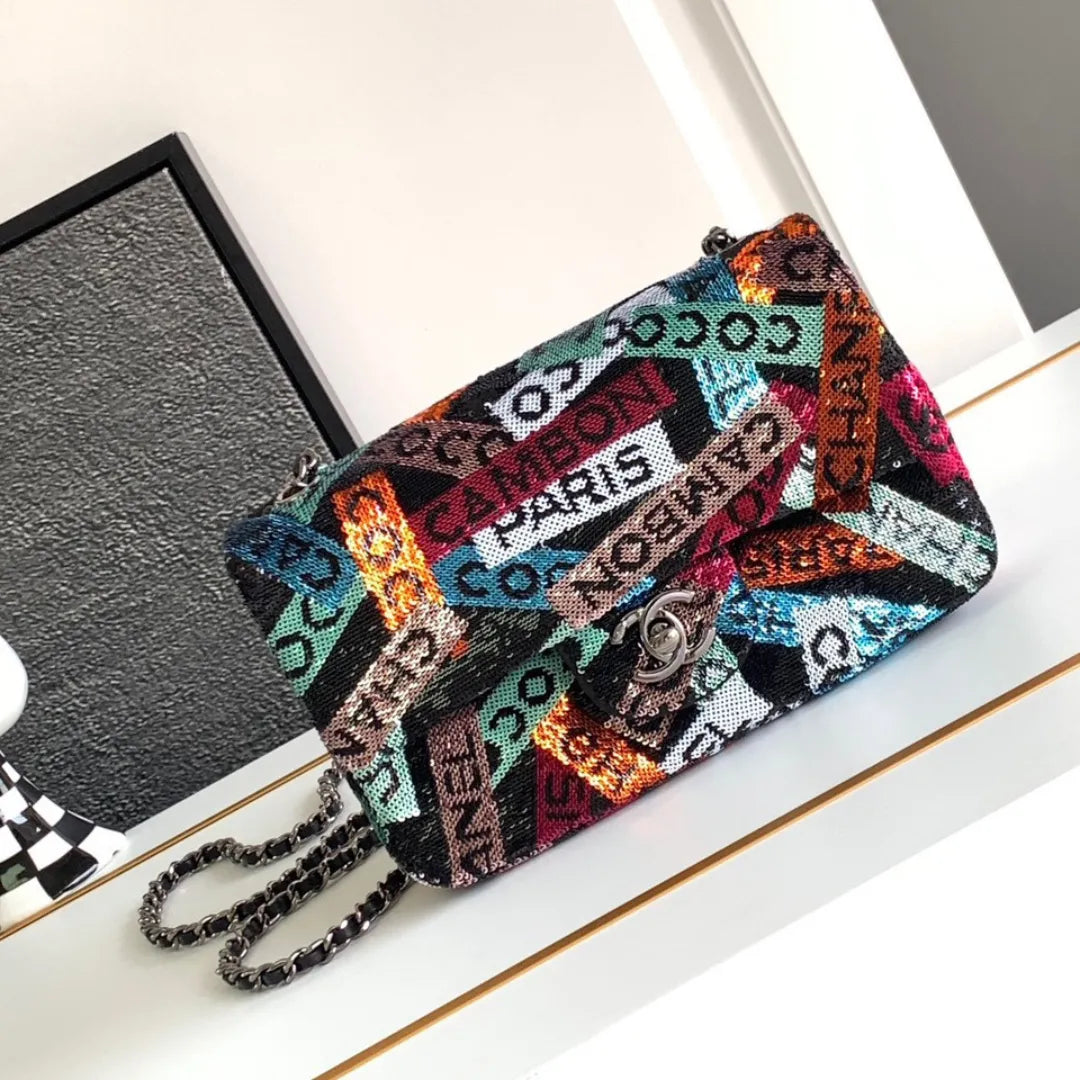 Chan*l mini pastel rainbow sequin like auth handbag 20x14x7cm - main image